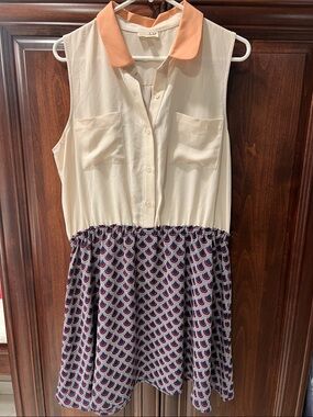 Maison Jules Cream and Coral Collared Sleeveless Dress with Patterned Skirt